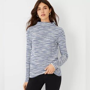 Blue & White Tweed Stripe Funnel Neck Sweatshirt